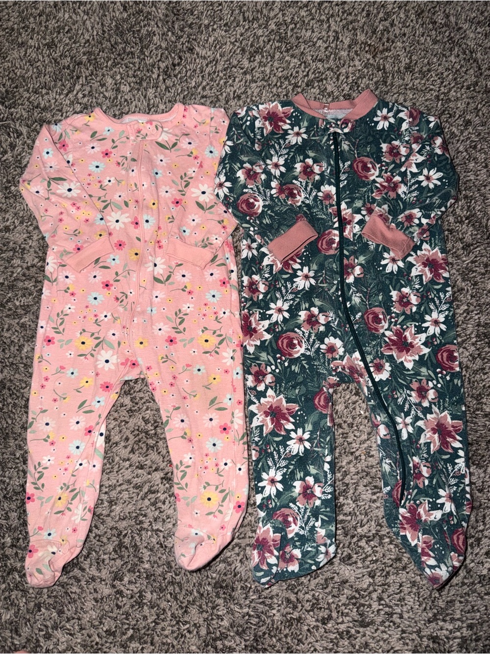 Gerber Floral Footed One-Piece Pajamas - Pink and Dark Green (2-Pack)
